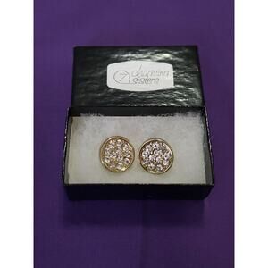 Gold Tone Round Disc Shaped Earrings With Sparkly Clear Rhinestone Accents New